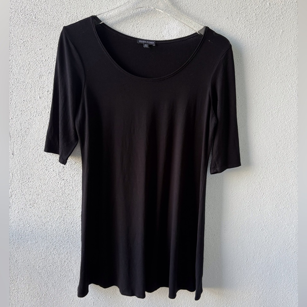 Eileen Fisher Black Size Medium Tunic Top Short Sleeve‎ Stretch Soft Casual Goth